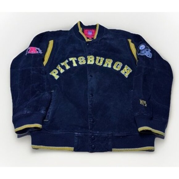 Pittsburgh Steelers Suede Leather Varsity Jacket Men’s LARGE Lined NFL 2-Sided - Picture 1 of 11
